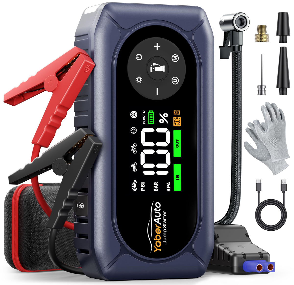 YaberAuto AP02 front view showing controls and compact design for quick roadside assistance