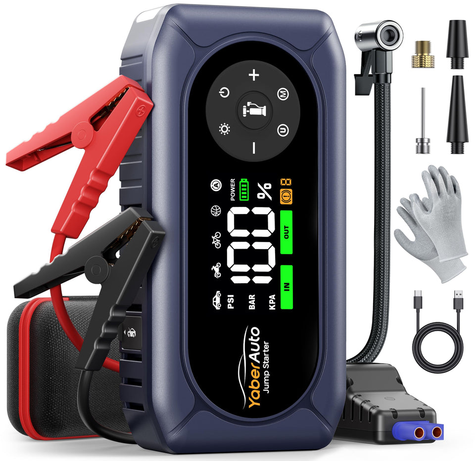 YaberAuto AP02 front view showing controls and compact design for quick roadside assistance