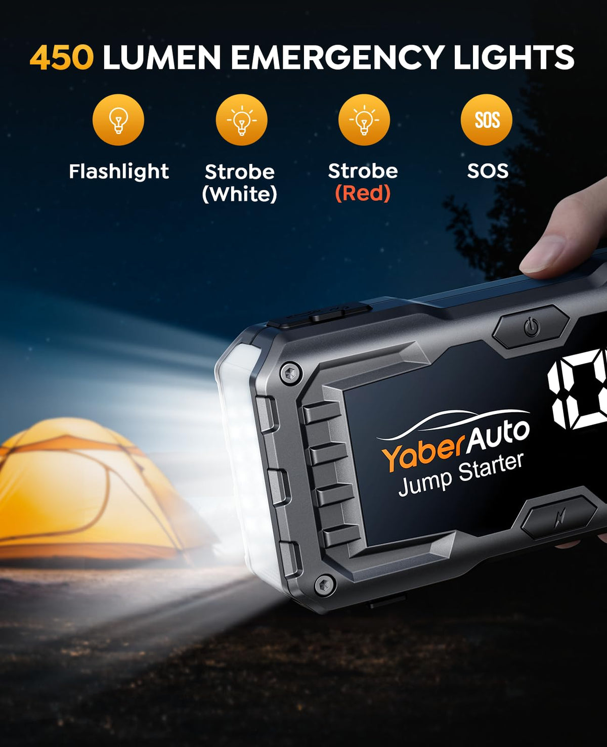 YaberAuto emergency lighting mode strobe active, bright illumination for roadside safety