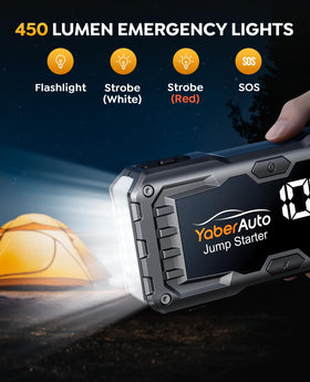 YaberAuto emergency lighting mode strobe active, bright illumination for roadside safety