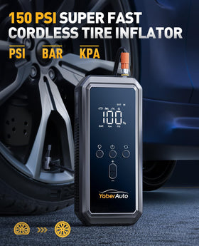 YaberAuto inflator hose and LCD display showing pressure readout for accurate inflation