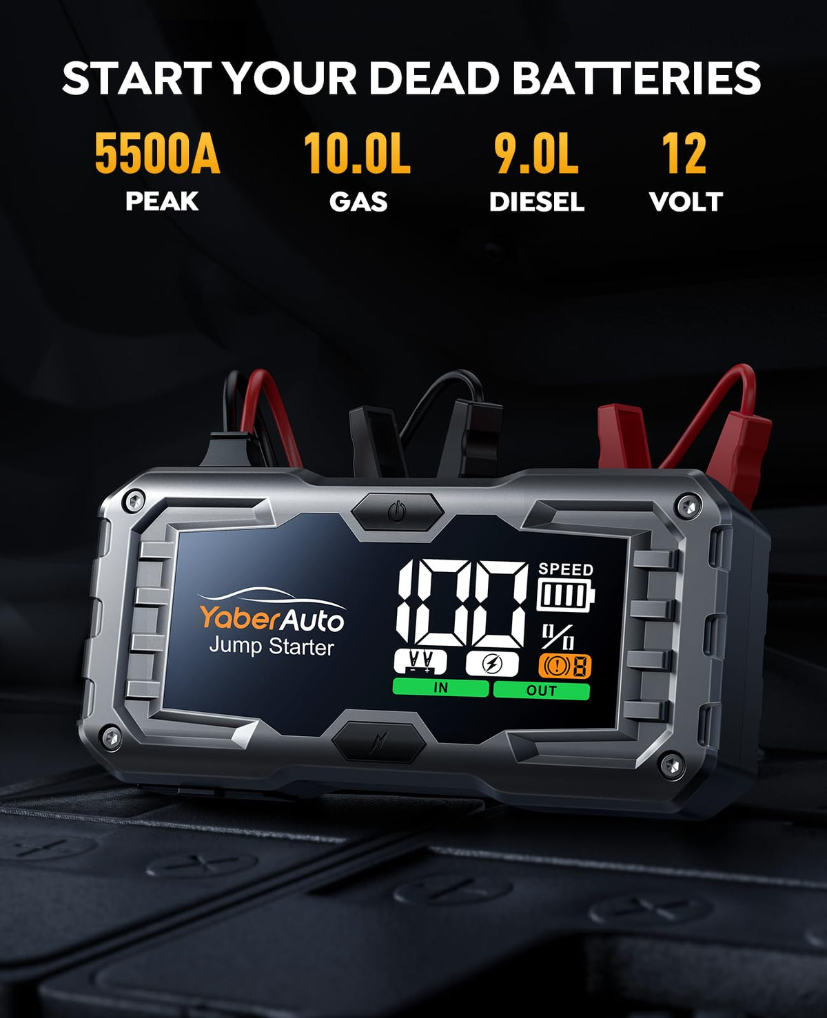 YaberAuto LCD and controls closeup showing clear battery readout and simple operation