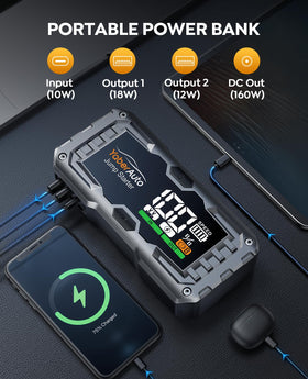 YaberAuto power ports and 160W DC output visible, multipurpose charging for devices