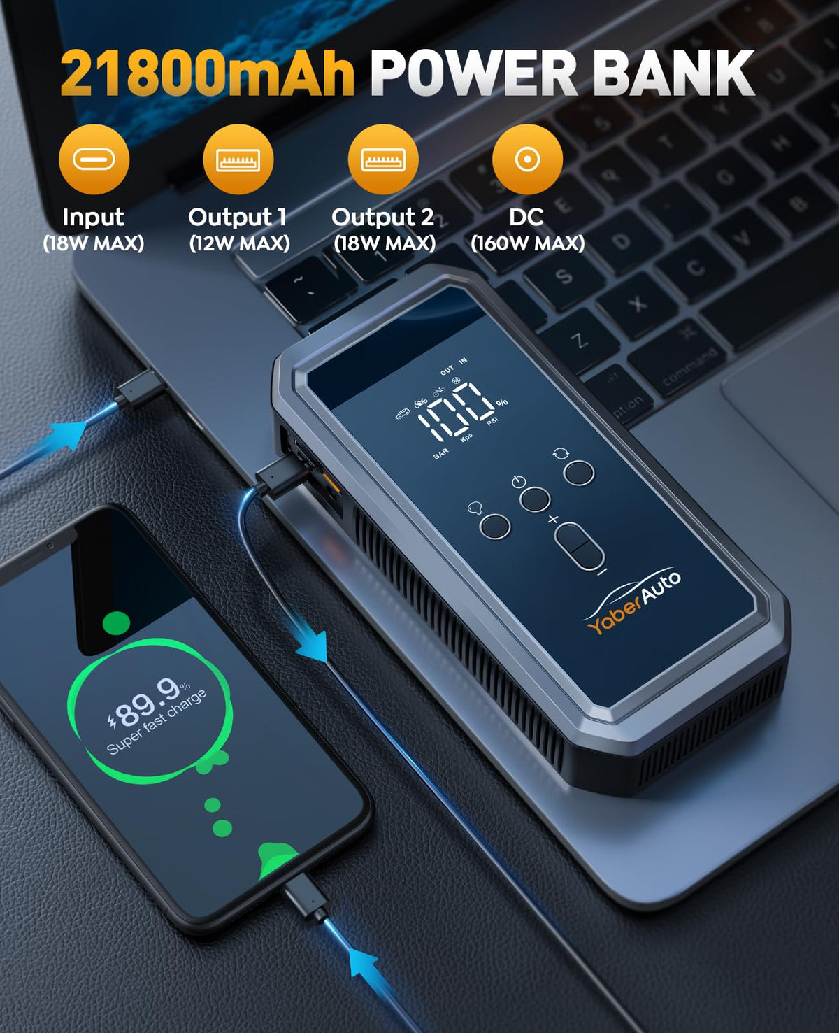 YaberAuto power bank and DC ports charging a phone and accessory for on-the-go power