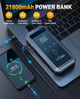 YaberAuto power bank and DC ports charging a phone and accessory for on-the-go power