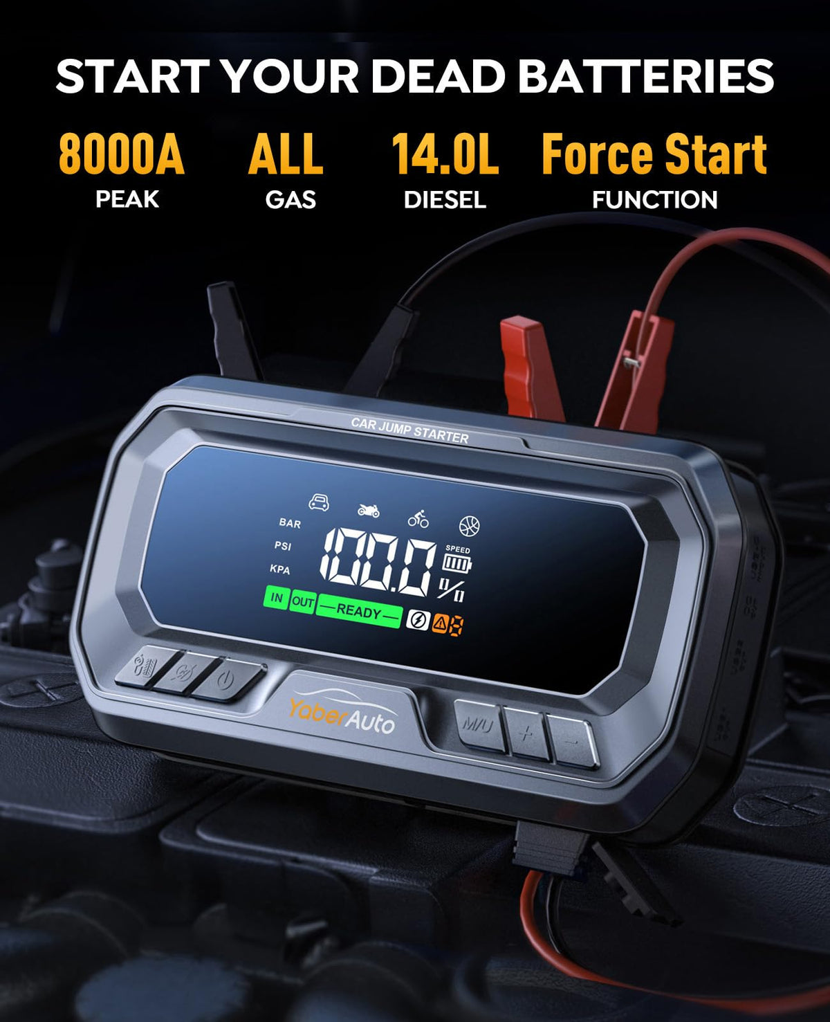 YaberAuto YA90 3.3 inch air compressor display showing pressure for accurate inflation