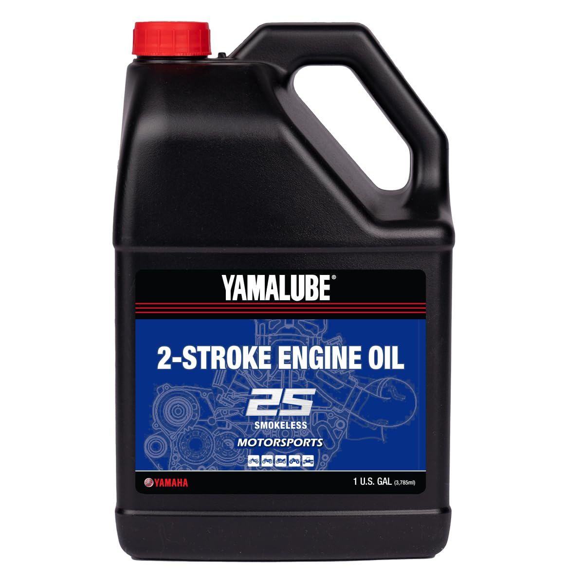 Yamaha Yamalube one-gallon front label showing product and clean-engine benefit