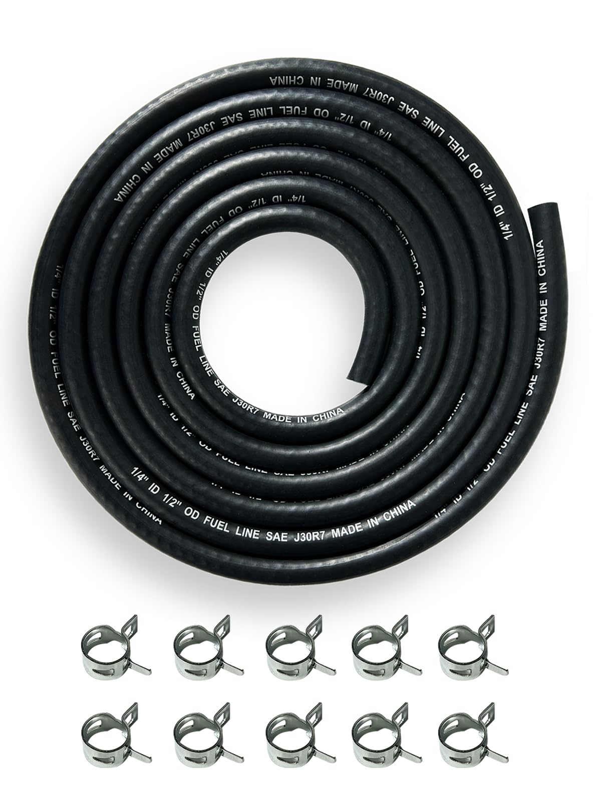 YAMAKATO front view of fuel hose kit showing length and included clamps for easy installation