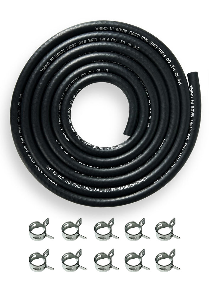 YAMAKATO front view of fuel hose kit showing length and included clamps for easy installation