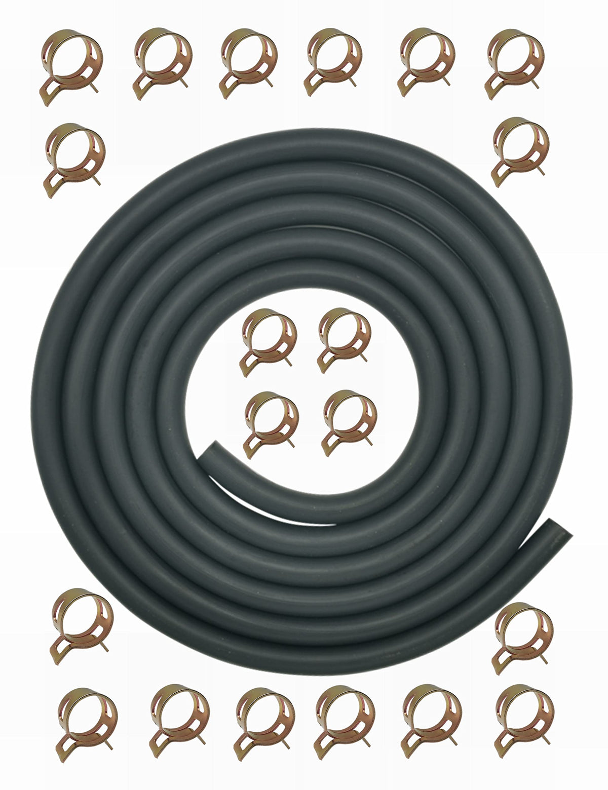 YAMAKATO front view of 10ft fuel line kit showing hose and clamps, ready to install