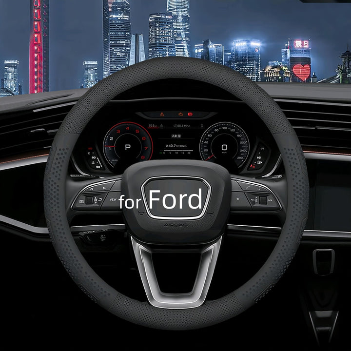 Yangday front view of black leather steering wheel cover showing fit and finish benefit