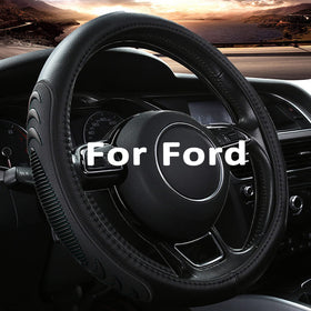 Yangday front view of black leather steering wheel cover showing fit and style benefit