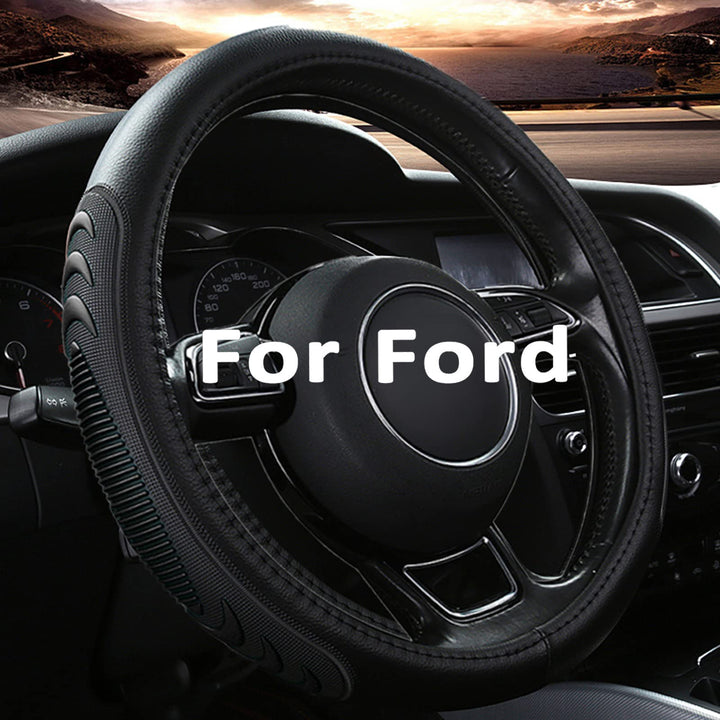 Yangday front view of black leather steering wheel cover showing fit and style benefit