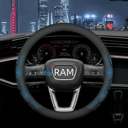 Yangday front view of blue steering wheel cover showing fit and color benefits