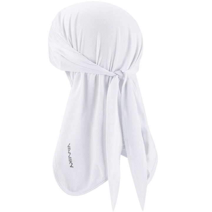 YANIKY white bandana front view showing clean profile and ventilation benefit