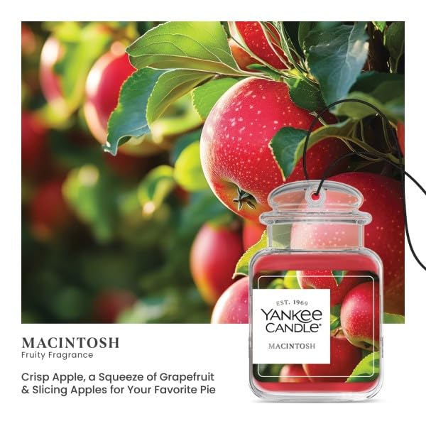 Yankee Candle Macintosh on dashboard size comparison showing compact convenience