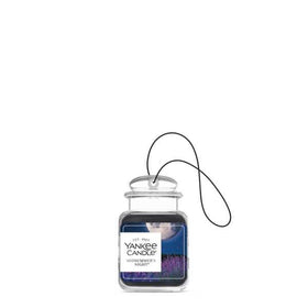 Yankee Candle hanging car jar in rearview mirror demonstrating placement and benefit: steady scent diffusion
