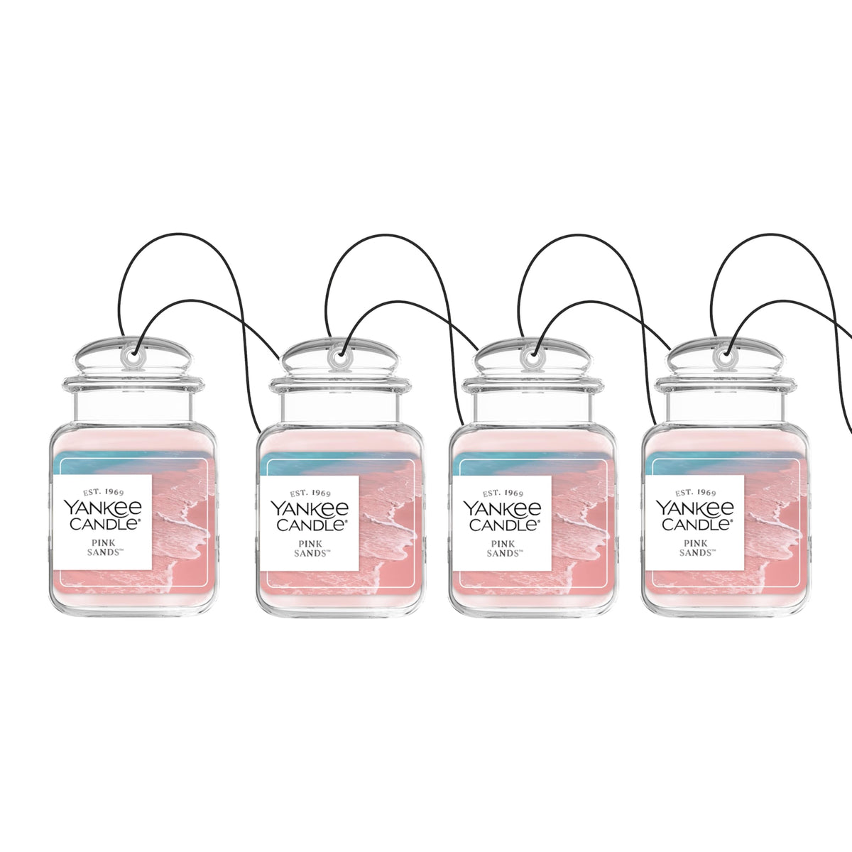 Yankee Candle front packaging showing Pink Sands four-pack and easy-to-hang design