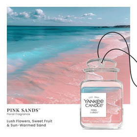 Yankee Candle Pink Sands label with visible shrink indicator for easy replacement