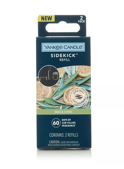 Yankee Candle front packaging showing Sage & Citrus two-pack and clear labeling benefit