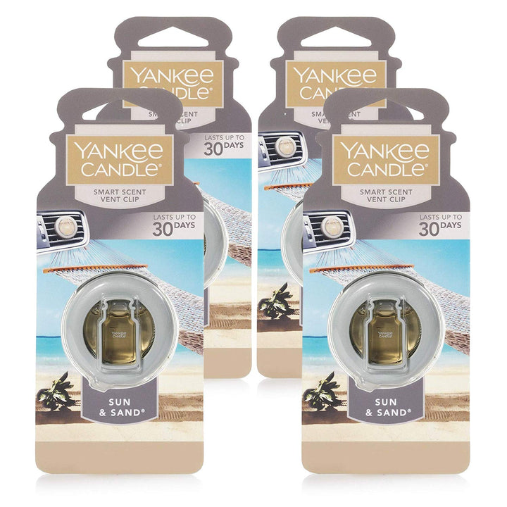 Yankee Candle Sun & Sand vent clip front packaging showing four clips and brand for convenient freshness