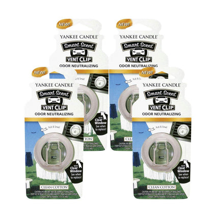 Yankee Candle front packaging showing 4-pack Clean Cotton vent clips and clear window benefit