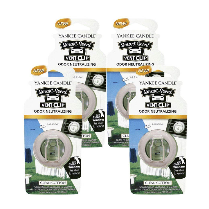 Yankee Candle front packaging showing 4-pack Clean Cotton vent clips and clear window benefit