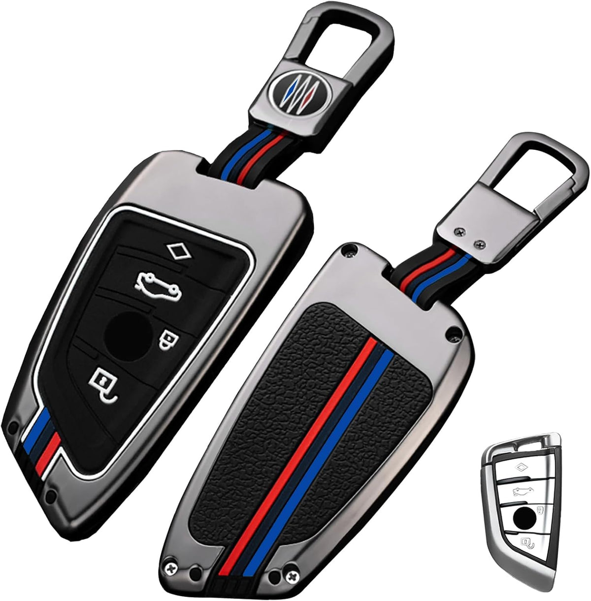 YAREY front view showing gunmetal zinc alloy frame and button access, durable protection