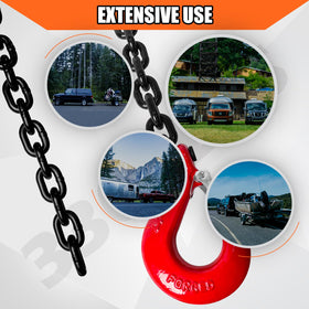 YATOINTO chains on vehicle and trailer in towing scene conveying reliable transport