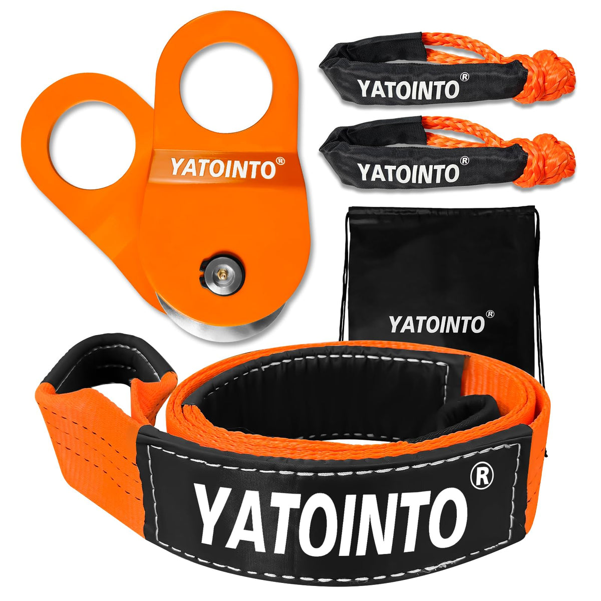 YATOINTO snatch block front view showing heavy-duty steel and durable pulley benefit