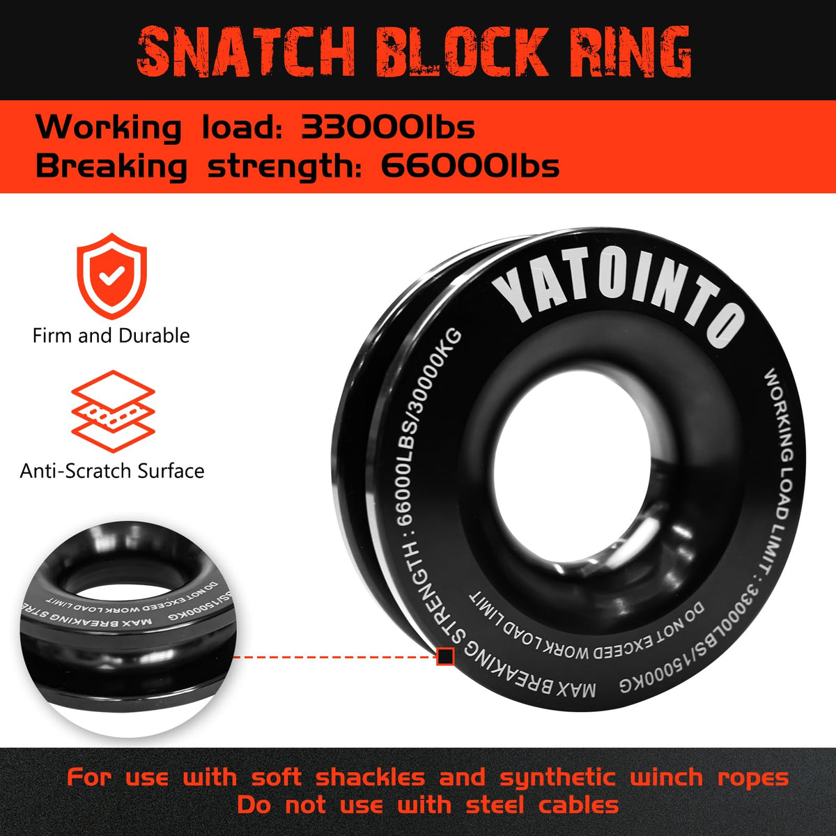YATOINTO heavy-duty snatch block ring close-up showing rust-resistant finish and strength