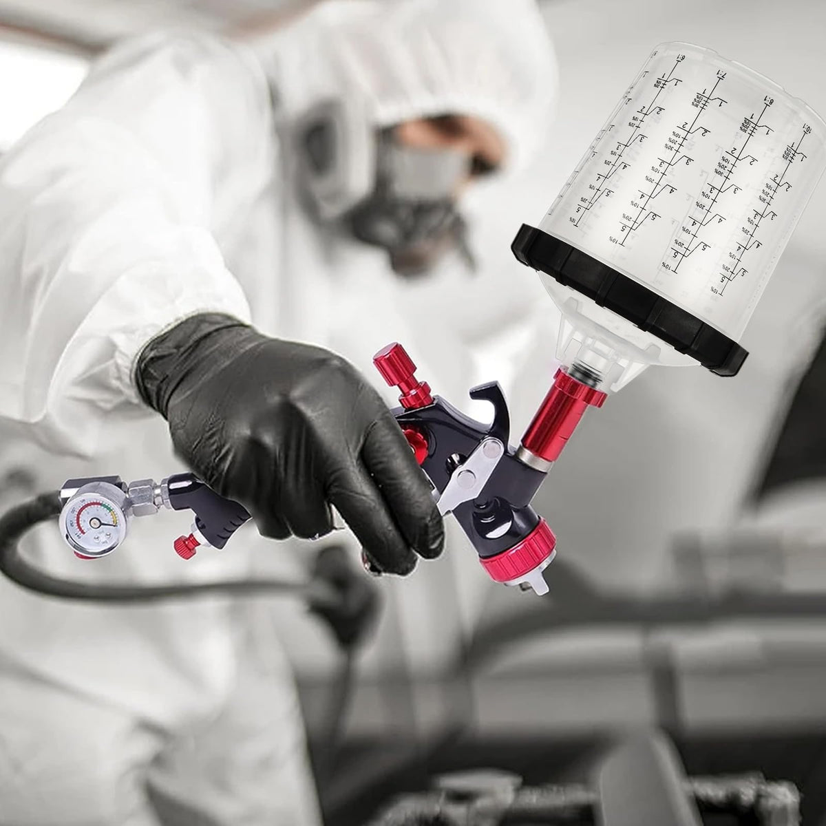YAYODS cup and lid mounted on spray gun demonstrating clean operation benefit