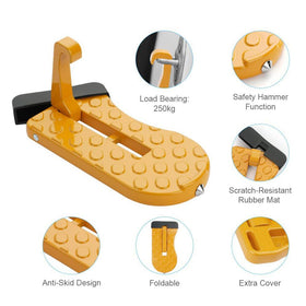 YCeru step hooked on open car door with user stepping up to roof demonstrating stability