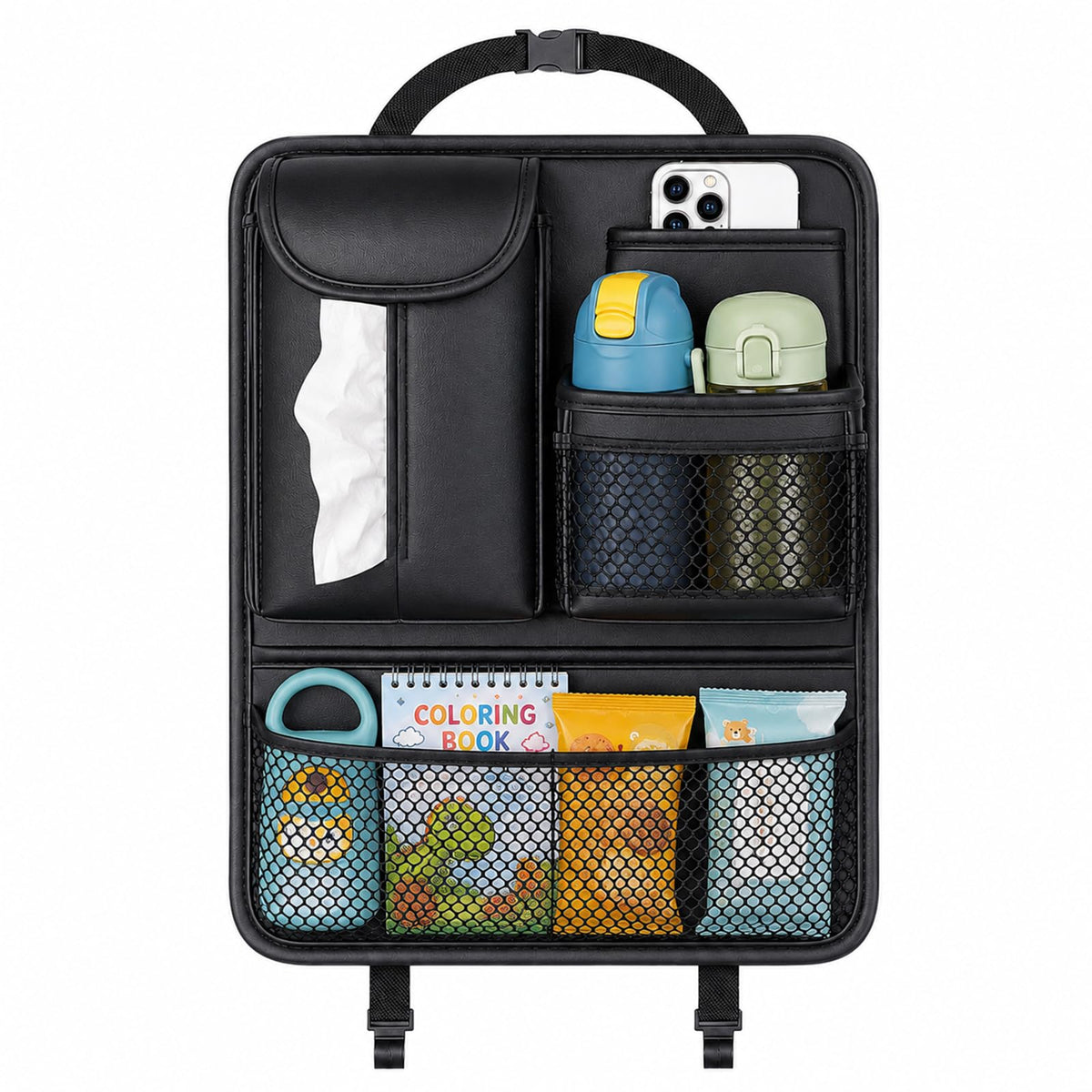 Ycpasta front view organizer showing five pockets and tidy storage benefit