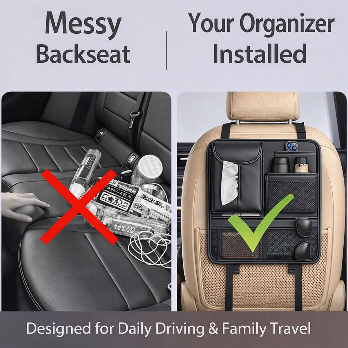 Ycpasta organizer installed with child reaching for tablet demonstrating accessibility