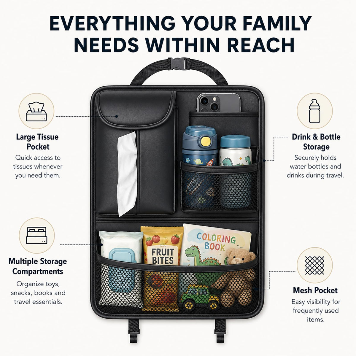 Ycpasta organizer next to water bottle showing pocket scale and storage capacity