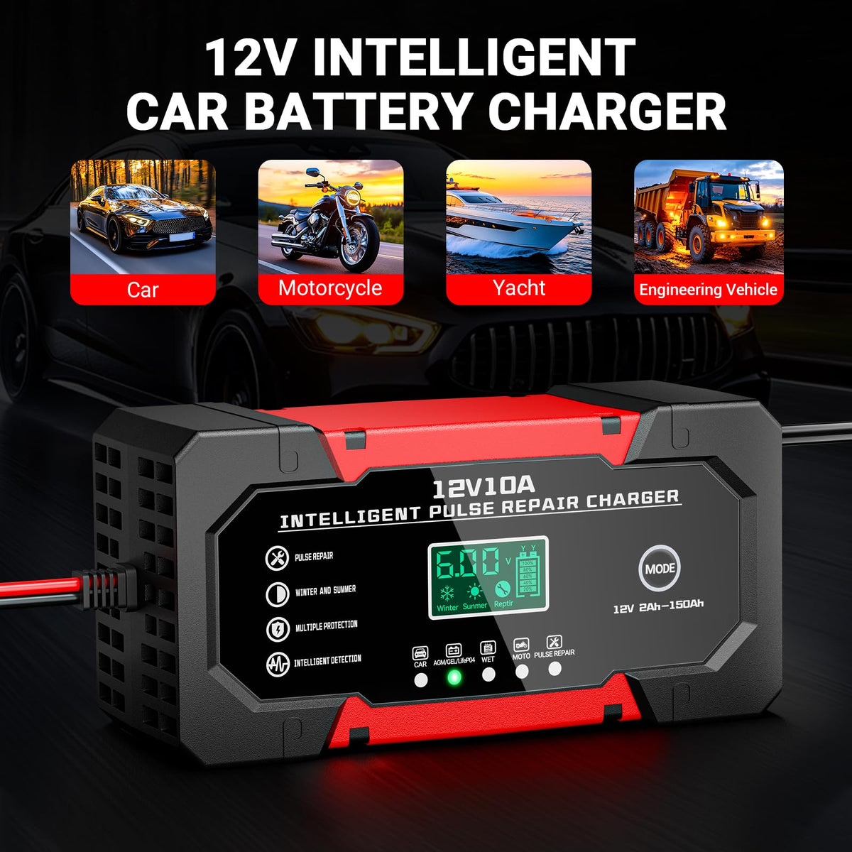 YDBAO charger attached to a car battery demonstrating fast charging