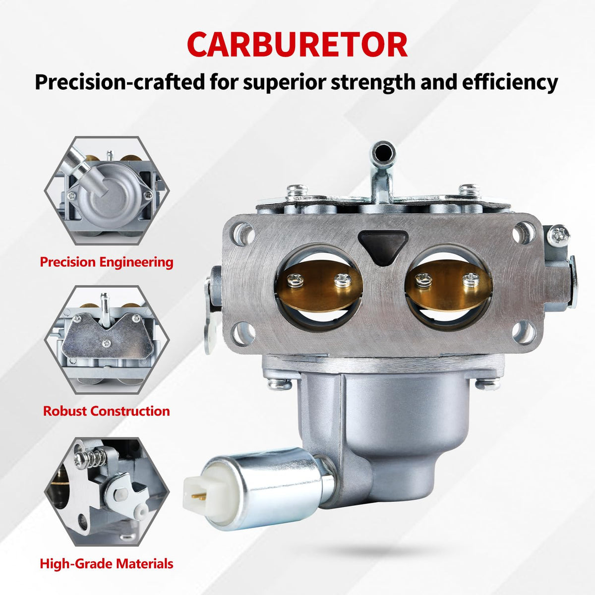 YDO carburetor side detail highlighting durable finish and precision machining benefit