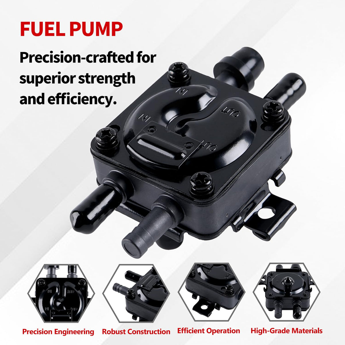 YDO fuel pump side port detail highlighting inlet/outlet arrangement for correct connection