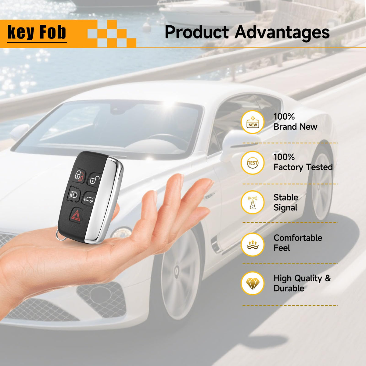 YDTHTLAH held next to car door demonstrating user-ready convenience