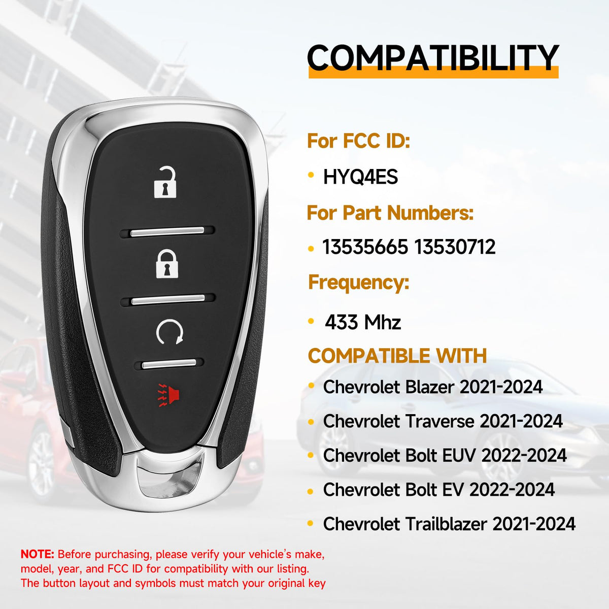 YDTHTLAH back label with FCC ID and part numbers benefit: confirms vehicle compatibility
