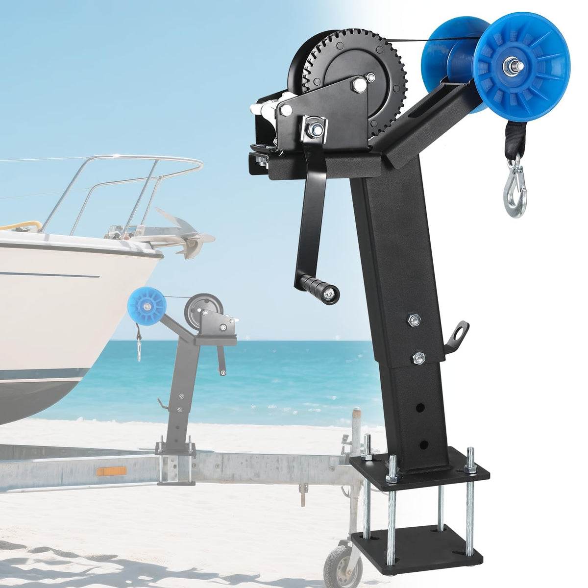 YeeJinHong winch stand front view showing sturdy steel frame and roller benefit secure loading
