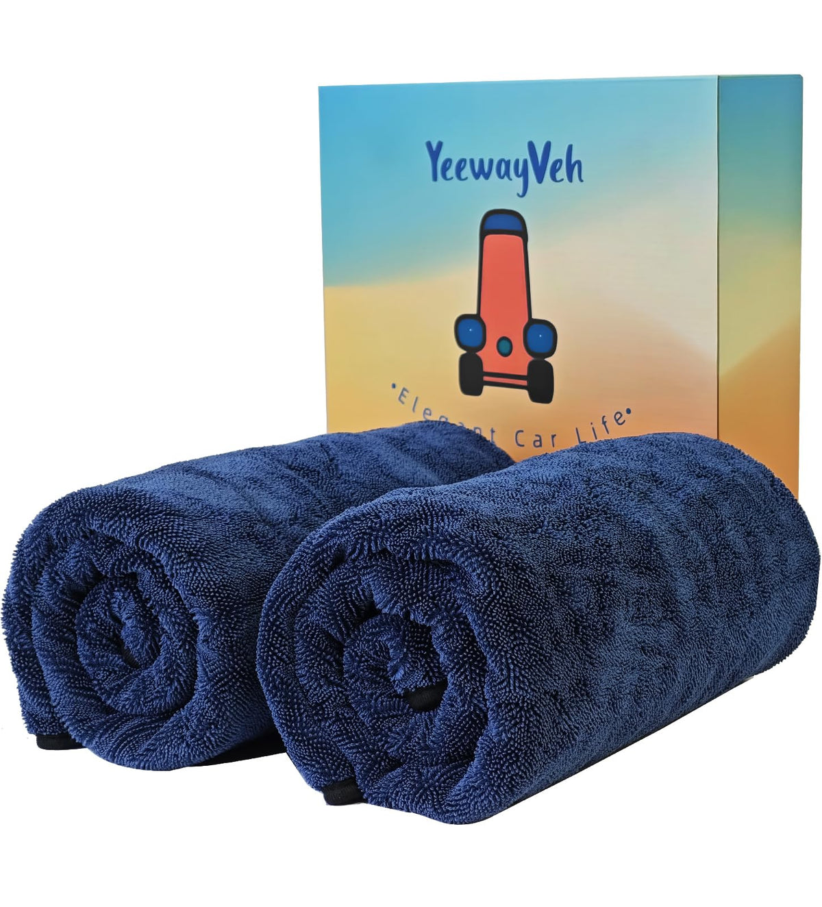 YeewayVeh front packaging showing two blue long-reach towels, fast drying benefit