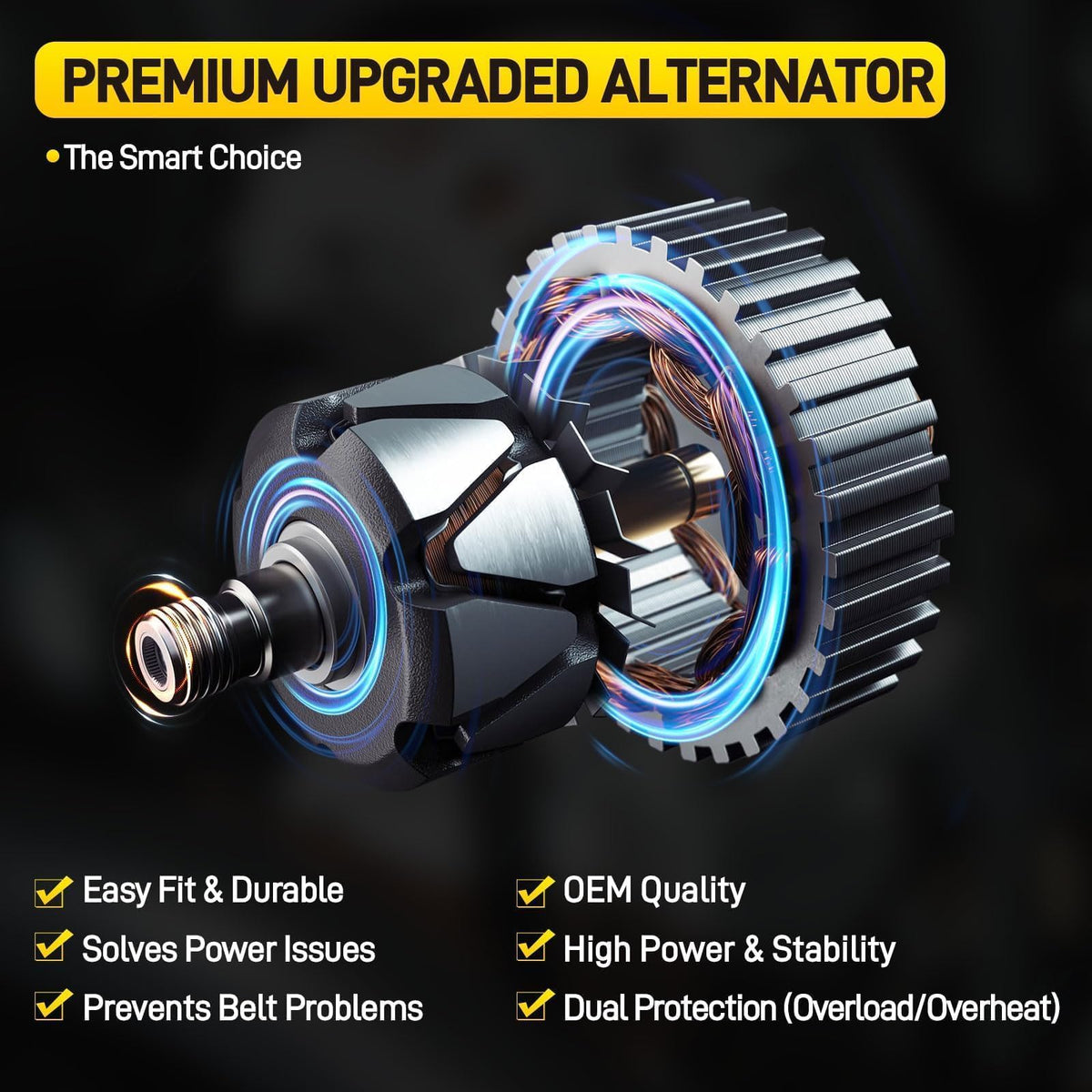 YEHERIT alternator installed in Nissan Rogue engine bay demonstrating direct fit