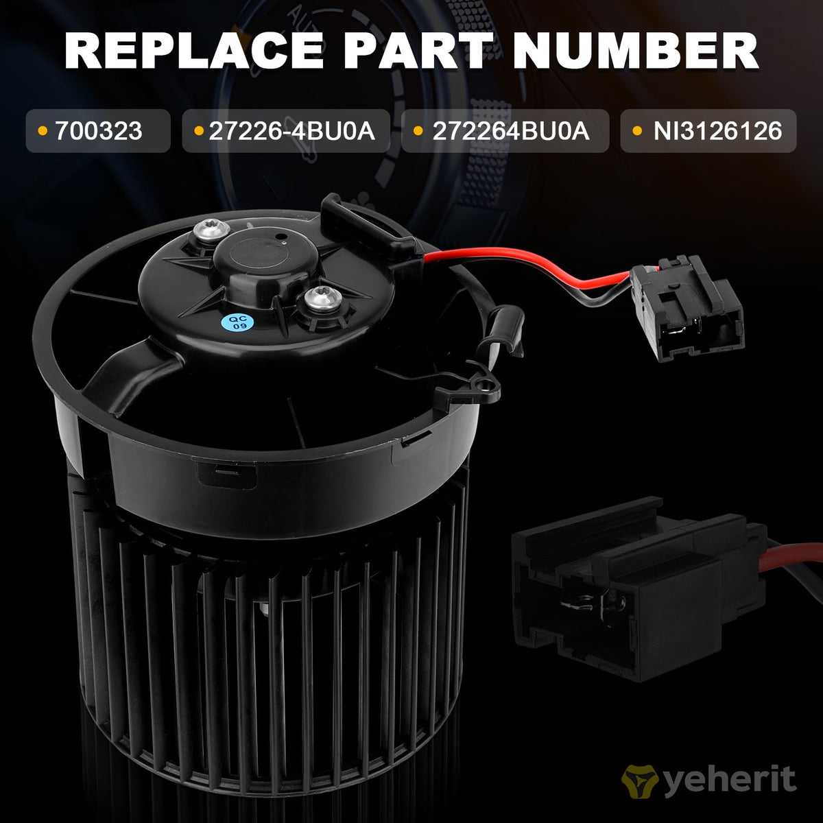YEHERIT blower motor beside ruler showing compact size for direct fit