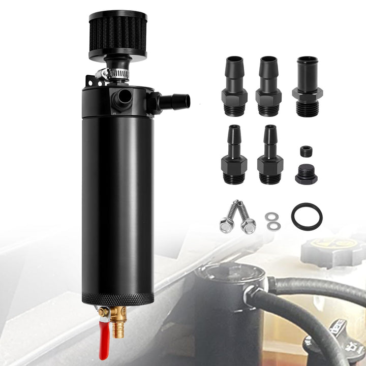 YEHERIT front view of billet 750ml catch can showing mounting points and ports, durable finish benefit