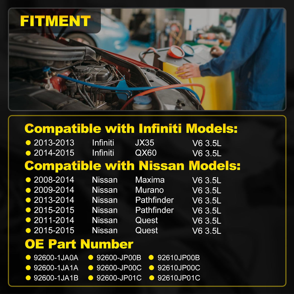 YEHERIT compressor side label closeup with OE numbers, aids correct match