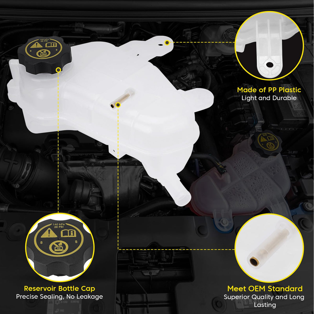 YEHERIT reservoir installed in Chevy Sonic engine bay demonstrating direct-fit benefit