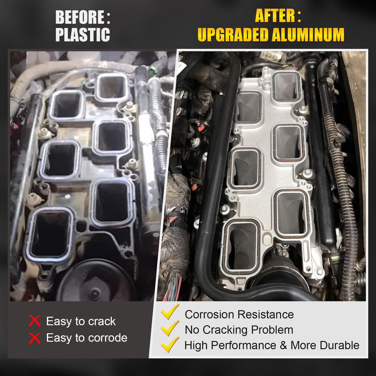 YEHERIT intake manifold mounted in engine bay demonstrating direct-fit replacement