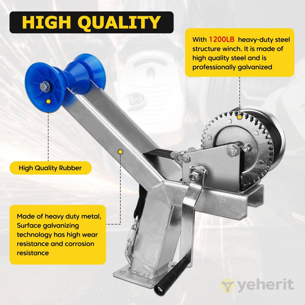 YEHERIT winch handle and cable closeup showing reliable 1200LB pulling power